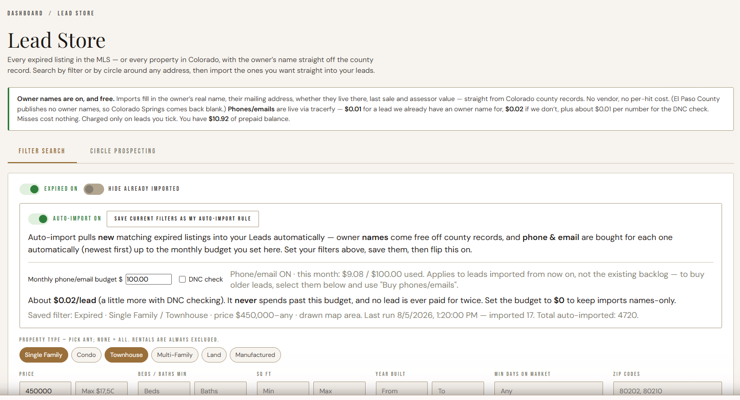 The prospecting Lead Store with filters for expired listings and owner records